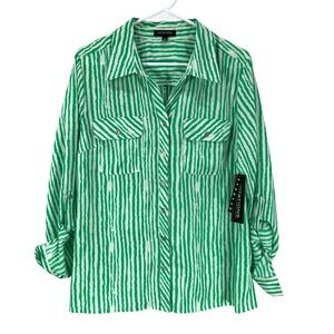 NOTATIONS Women Green White Stripe Button Up Shirt Top L Roll Tab Sleeve NWT